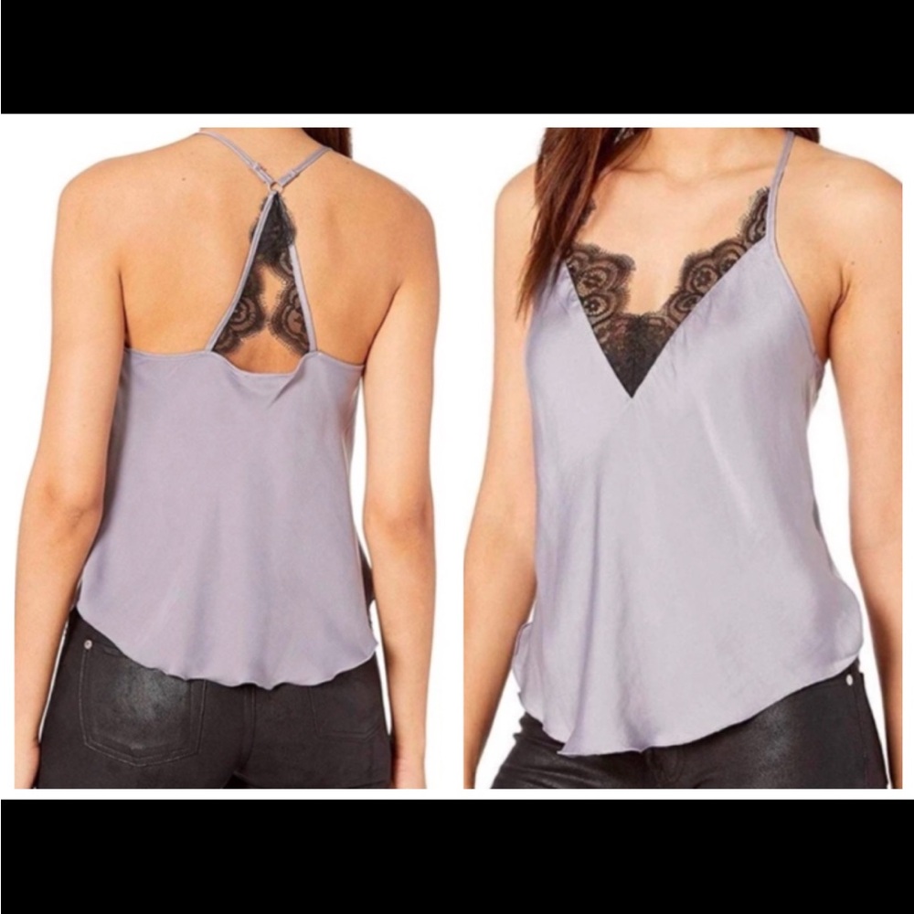 Free People Starlight Satin Lace Cami Top silver mauve with black lace NWT.